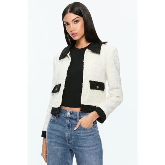 Alice + Olivia Women's Cream Black Topher Boxy Tweed Jacket Size XS NWOT - Picture 1 of 10